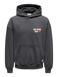 Hoodie Pullover Kapuze druck Knguru Tasche locker 7845 in Grau-3