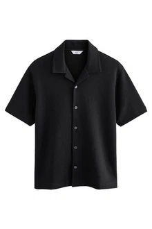 Next Kurzarmhemd Jerseyhemd im Relaxed Fit mit Kubakragen Schwarz
