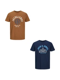 T-Shirt 2-er Stck Pack Logo T-Shirts Rundhals Shirt JJELOGO (2-tlg) 4342 in Blau-Braun
