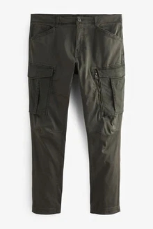 Next Cargohose Slim Fit Stretch-Cargohose mit Zierreißverschluss Dunkelgrün/Khaki