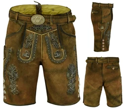 Myooka Trachtenlederhose Herren Kurz mit Gürtel Braun/Dunkelbraun/Grün