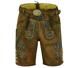 Myooka Trachtenlederhose Herren Kurz mit Gürtel Braun/Dunkelbraun/Grün