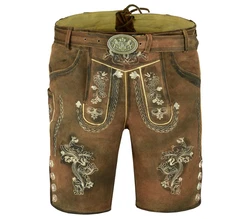 Myooka Trachtenlederhose Herren Kurz mit Gürtel Braun/Dunkelbraun/Grüntöne