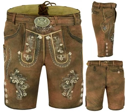 Myooka Trachtenlederhose Herren Kurz mit Gürtel Braun/Dunkelbraun/Grüntöne