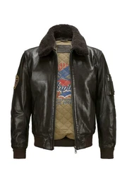 Pilotenjacke MSTom Echt-Lammfell Curly Kragen abnehmbar Innenfutter mit Aviator Print