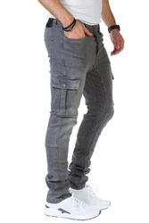 Styleko Herren Cargo Jeans Hose Stretch 8003 Dunkelblau/Weiß/Blau