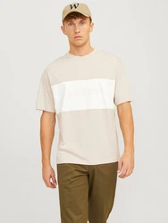 JACK & JONES T-Shirt 'JJELegacy' BLOCKING TEE SS O-NECK kitt/naturweiß