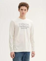 TOM TAILOR Denim Langarmshirt mit Logo Print Creme/Braun/Khaki/Beige/Grau