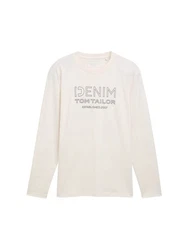 TOM TAILOR Denim Langarmshirt mit Logo Print Creme/Braun/Khaki/Beige/Grau