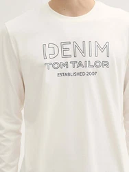 TOM TAILOR Denim Langarmshirt mit Logo Print Creme/Braun/Khaki/Beige/Grau