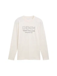 TOM TAILOR Denim Langarmshirt mit Logo Print Creme/Braun/Khaki/Beige/Grau