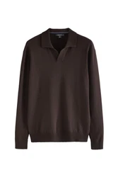 Next Polokragenpullover Regular Fit Langarm-Strickpulli Dunkelbraun/Braun/Grau