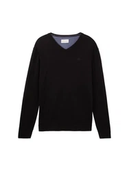 TOM TAILOR Strickpullover V-Neck (1-tlg) Schwarz/Dunkelblau
