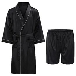 Bademantel, Kimono-Kragen, Grtel, Satin Bademantel mit Shorts Morgenmantel Kimono Langer Hausmantel