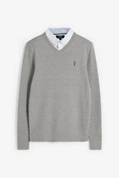 Next 2-in-1 Pullover Regular Fit mit V-Ausschnitt und Hemdeinsatz Grau/Silber