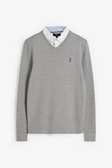 Next 2-in-1 Pullover Regular Fit mit V-Ausschnitt und Hemdeinsatz Grau/Silber