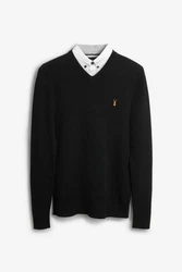 Next 2-in-1 Pullover Regular Fit mit V-Ausschnitt und Hemdeinsatz Schwarz
