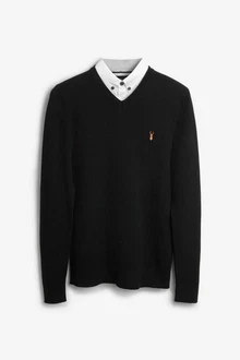 Next 2-in-1 Pullover Regular Fit mit V-Ausschnitt und Hemdeinsatz Schwarz
