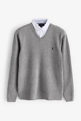 Next 2-in-1 Pullover Regular Fit mit V-Ausschnitt und Hemdeinsatz Grau/Silber