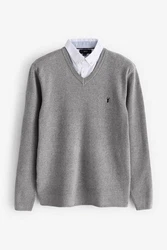Next 2-in-1 Pullover Regular Fit mit V-Ausschnitt und Hemdeinsatz Grau/Silber