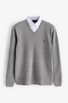Next 2-in-1 Pullover Regular Fit mit V-Ausschnitt und Hemdeinsatz Grau/Silber