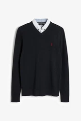 Next 2-in-1 Pullover Regular Fit mit V-Ausschnitt und Hemdeinsatz Dunkelblau/Schwarz/Hellblau