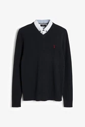 Next 2-in-1 Pullover Regular Fit mit V-Ausschnitt und Hemdeinsatz Dunkelblau/Schwarz/Hellblau
