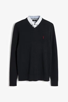 Next 2-in-1 Pullover Regular Fit mit V-Ausschnitt und Hemdeinsatz Dunkelblau/Schwarz/Hellblau