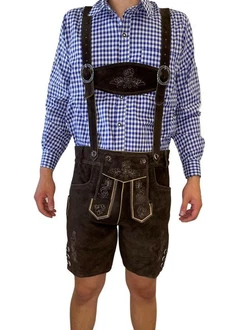 Dretaild Trachtenlederhose Herren Tracht Kurz mit Hosenträgern Dunkelbraun/Dunkelrot/Braun/Lila