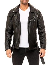 Bikerjacke Herren Echtleder Jacke RS018 Schwarz M mit Button-down-Kragen