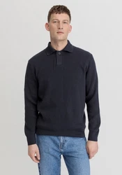 Hessnatur Strickpullover aus Bio-Baumwolle mit Schurwolle Dunkelblau/Blau