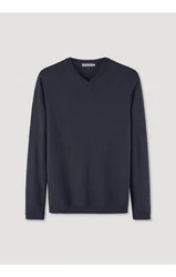 Hessnatur Strickpullover Bio-Baumwolle Bio-Merinowolle Dunkelblau/Blau