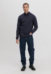 Hessnatur Strickpullover Bio-Baumwolle Bio-Merinowolle Dunkelblau/Blau