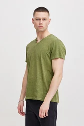 BLEND T-Shirt 'Ashton' Split Neck Tee Dunkelgrün/Grün/Türkis