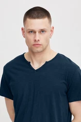 BLEND T-Shirt 'Ashton' Split Neck Tee Dunkelblau/Hellblau/Blau