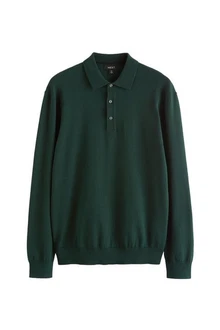 Next Polokragenpullover Langarm-Poloshirt Regular Fit Dunkelgrün/Grün