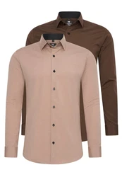 Rusty Neal Langarmhemd Slim-Fit Beige/Braun