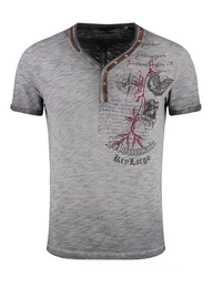 T-Shirt T-Shirt Weather Print Motiv dekorative Knopfleiste vintage MT00441 V-Auschnitt bedruckt kurzarm slim fit