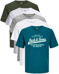 Jack & Jones Print-Shirt (5er-Pack) T-Shirts mit Aufdruck Türkis/Grün/Dunkelgrün/Blau