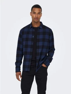 ONLY & SONS Langarmhemd Freizeit Karohemd Holzfäller (4628) Dunkelblau/Blau