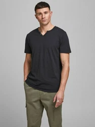Jack & Jones T-Shirt Splitneck Tee Schwarz/Dunkelgrau
