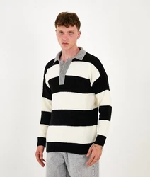 Denim Distriqt Strickpullover Herren Strick Sweatshirt mit Polokragen im Oversizes Stil Schwarz