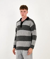 Denim Distriqt Strickpullover Herren Strick Sweatshirt mit Polokragen im Oversizes Stil Antracite