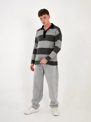 Denim Distriqt Strickpullover Herren Strick Sweatshirt mit Polokragen im Oversizes Stil Antracite
