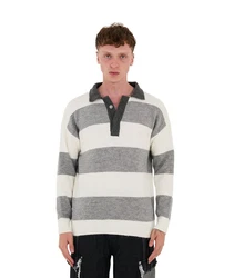 Denim Distriqt Strickpullover Herren Strick Sweatshirt mit Polokragen im Oversizes Stil Grau