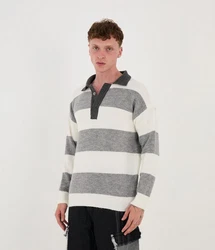 Denim Distriqt Strickpullover Herren Strick Sweatshirt mit Polokragen im Oversizes Stil Grau