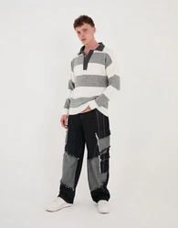 Denim Distriqt Strickpullover Herren Strick Sweatshirt mit Polokragen im Oversizes Stil Grau