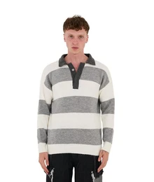 Strickpullover Herren Strick Sweatshirt mit Polokragen im Oversizes Stil Grau S