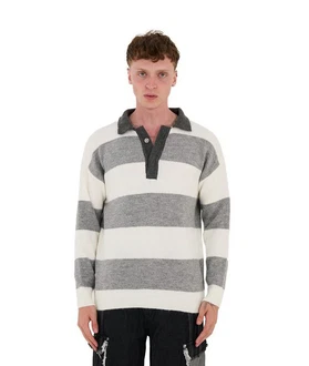Denim Distriqt Strickpullover Herren Strick Sweatshirt mit Polokragen im Oversizes Stil Grau