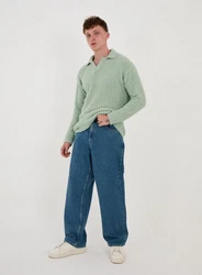 Denim Distriqt Strickpullover Feinstrick mit offenem Polokragen im Oversize Style Mint